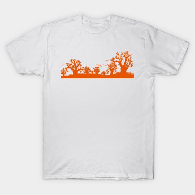 Baobab Trees Silhouette Orange T-Shirt by Tony Cisse Art Originals